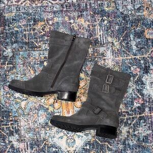 Marc Fisher Gray Suede Mid-Calf Buckle Heeled Boots
